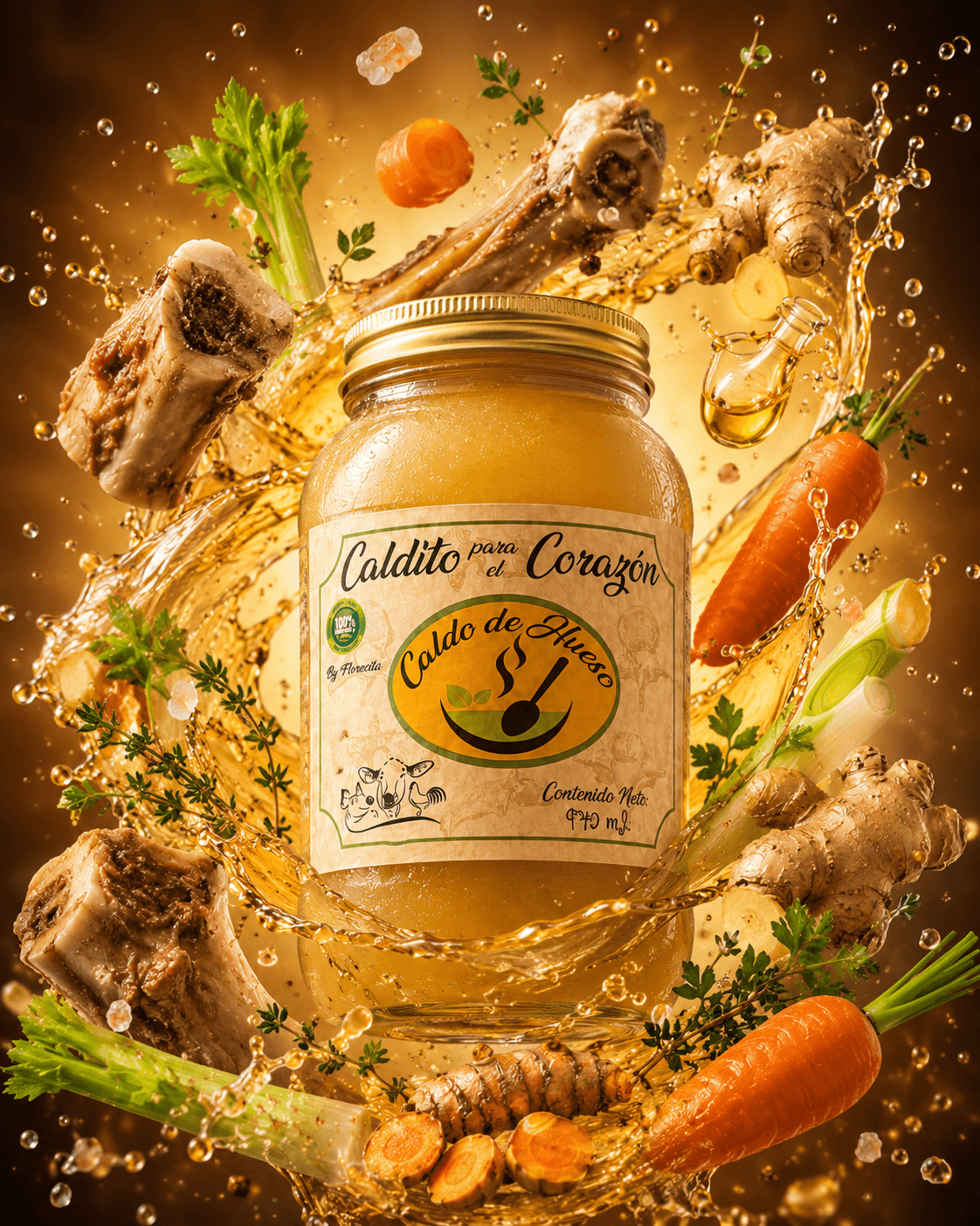 Caldo de huesos artesanal con zanahoria, apio, jengibre y cúrcuma